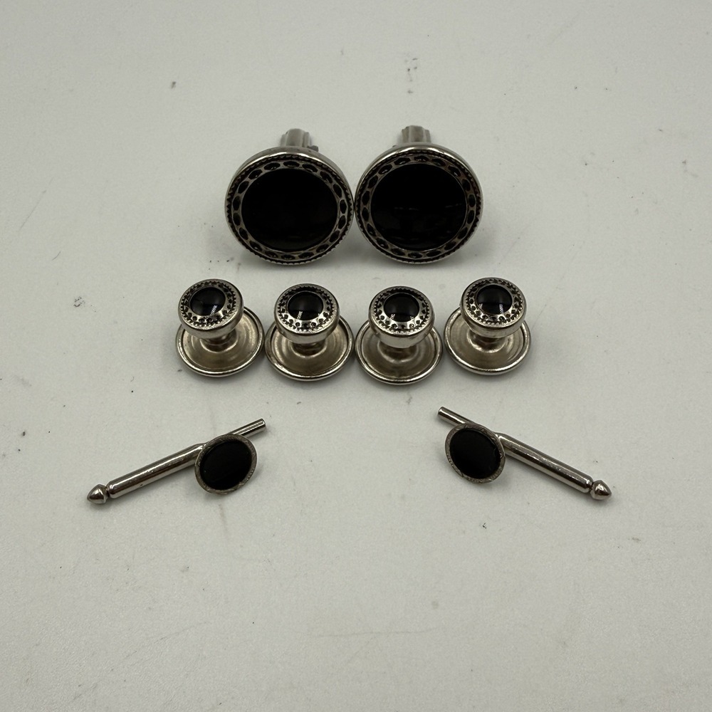 Vintage Broadway Tux Makers Black Cufflinks Shirt Stud Set Silver Tone 8 Piece
